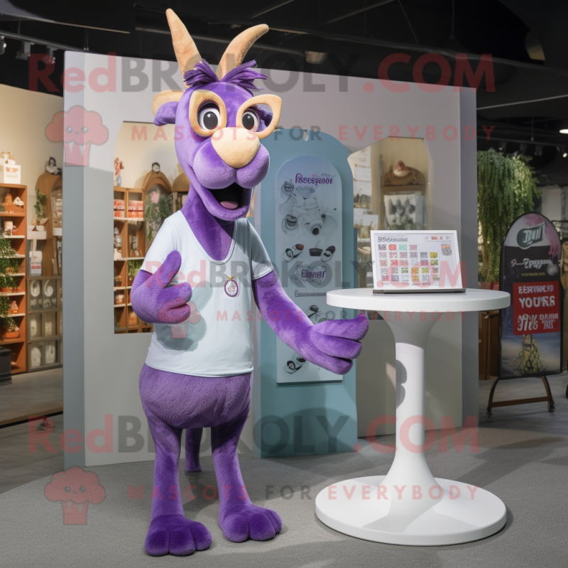 Lavender Gazelle mascot costume character dressed with a V-Neck Tee and Eyeglasses Lavender Gazelle mascot costume character dressed with a V-Neck Tee and Eyeglasses