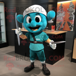 Teal Knife Thrower mascot costume character dressed with a Shorts and Headbands