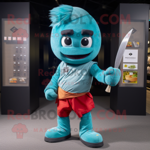 Teal Knife Thrower mascot costume character dressed with a Shorts and Headbands