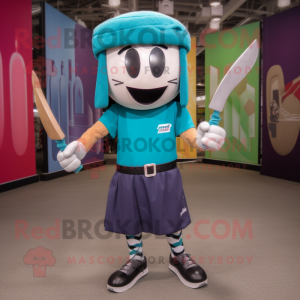 Teal Knife Thrower mascot costume character dressed with a Shorts and Headbands