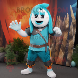 Teal Knife Thrower mascot costume character dressed with a Shorts and Headbands