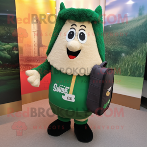 Forest Green Shepard'S Pie mascot costume character dressed with a Sheath Dress and Messenger bags