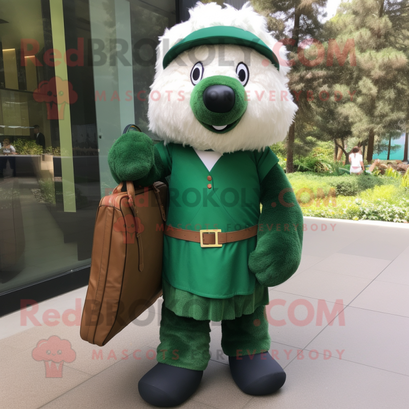 Forest Green Shepard'S Pie mascot costume character dressed with a Sheath Dress and Messenger bags