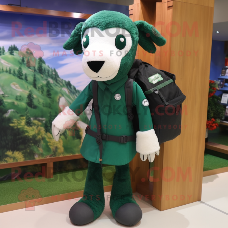 Forest Green Shepard'S Pie mascot costume character dressed with a Sheath Dress and Messenger bags Forest Green Shepard'S Pie mascot costume character dressed with a Sheath Dress and Messenger bags