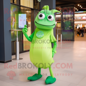 Lime Green Stingray mascot costume character dressed with a Dress Pants and Smartwatches