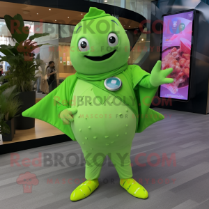 Lime Green Stingray mascot costume character dressed with a Dress Pants and Smartwatches