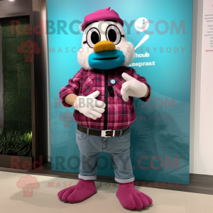 Teal Pink mascot costume character dressed with a Flannel Shirt and Smartwatches