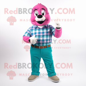 Teal Pink mascot costume character dressed with a Flannel Shirt and Smartwatches