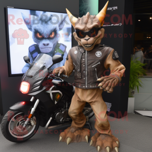 Tan Gargoyle mascot costume character dressed with a Biker Jacket and Digital watches