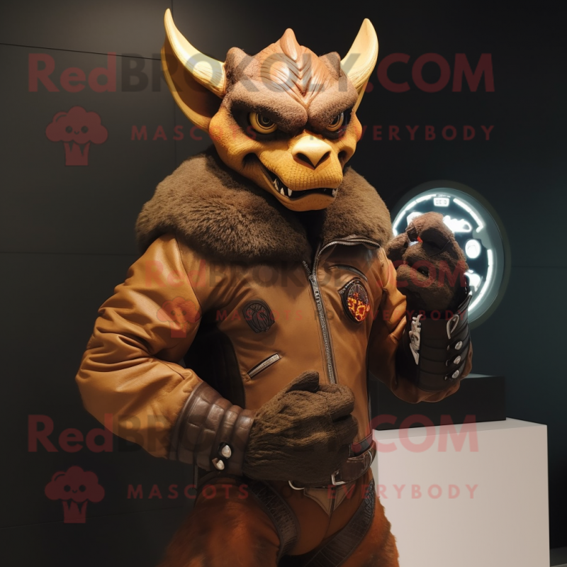 Tan Gargoyle mascot costume character dressed with a Biker Jacket and Digital watches