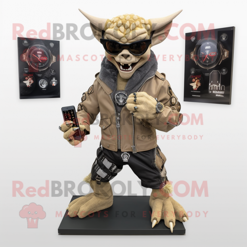 Tan Gargoyle mascot costume character dressed with a Biker Jacket and Digital watches