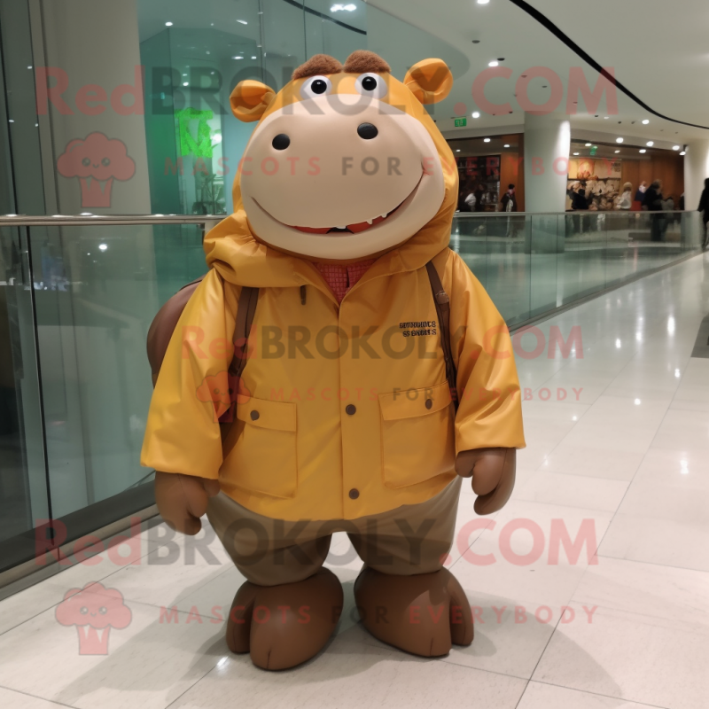 Brown Hippopotamus mascot costume character dressed with a Raincoat and Messenger bags