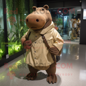Brown Hippopotamus mascot costume character dressed with a Raincoat and Messenger bags