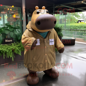 Brown Hippopotamus mascot costume character dressed with a Raincoat and Messenger bags