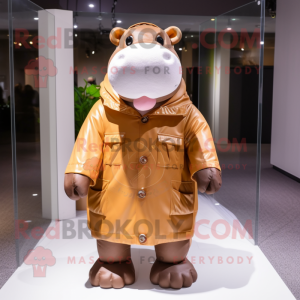 Brown Hippopotamus mascot costume character dressed with a Raincoat and Messenger bags