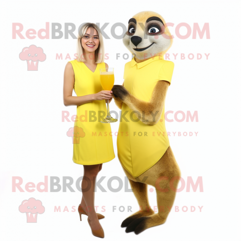 Yellow Meerkat mascot costume character dressed with a Cocktail Dress and Watches Yellow Meerkat mascot costume character dressed with a Cocktail Dress and Watches