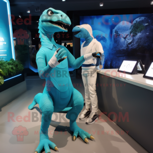 Cyan Velociraptor mascot costume character dressed with a Shift Dress and Smartwatches