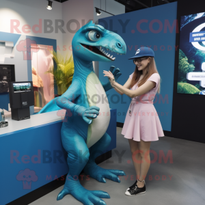 Cyan Velociraptor mascot costume character dressed with a Shift Dress and Smartwatches