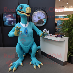 Cyan Velociraptor mascot costume character dressed with a Shift Dress and Smartwatches