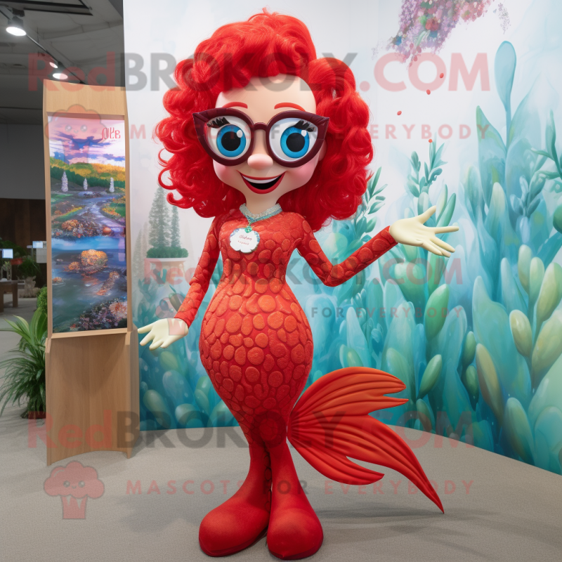 Red Mermaid mascot costume character dressed with a Shift Dress and Eyeglasses Red Mermaid mascot costume character dressed with a Shift Dress and Eyeglasses