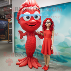Red Mermaid mascot costume character dressed with a Shift Dress and Eyeglasses