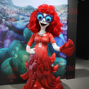 Red Mermaid mascot costume character dressed with a Shift Dress and Eyeglasses