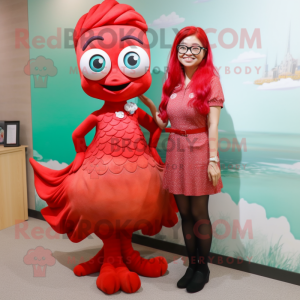 Red Mermaid mascot costume character dressed with a Shift Dress and Eyeglasses