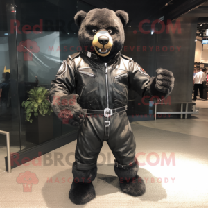 Black Bear mascot costume character dressed with a Moto Jacket and Belts
