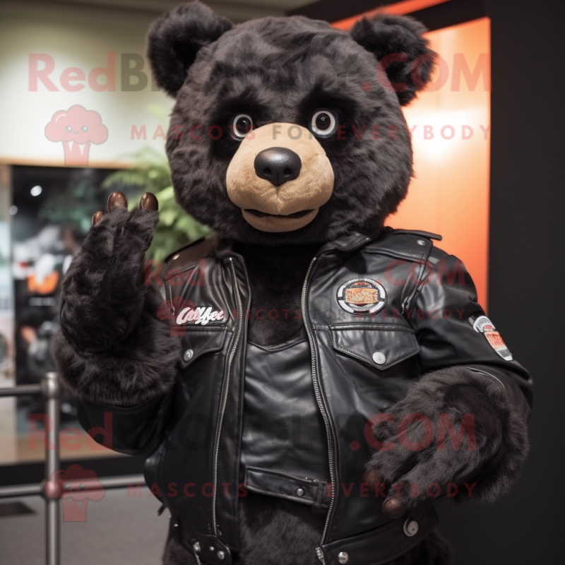 Black Bear mascot costume character dressed with a Moto Jacket and Belts Black Bear mascot costume character dressed with a Moto Jacket and Belts