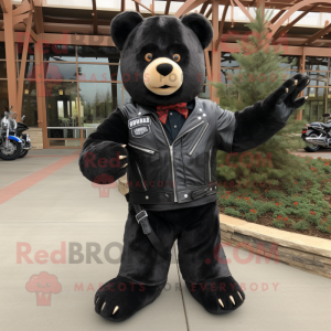 Black Bear mascot costume character dressed with a Moto Jacket and Belts