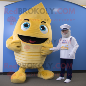 Cream Fish And Chips mascot costume character dressed with a Jeggings and Watches