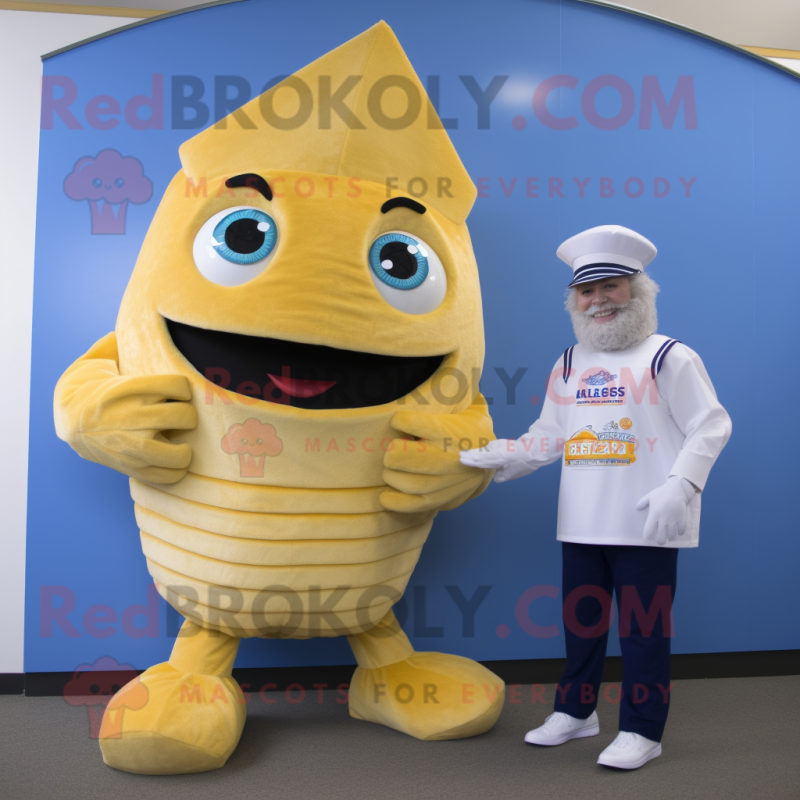Cream Fish And Chips mascot costume character dressed with a Jeggings and Watches Cream Fish And Chips mascot costume character dressed with a Jeggings and Watches