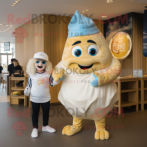 Cream Fish And Chips mascot costume character dressed with a Jeggings and Watches