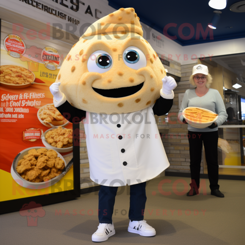 Cream Fish And Chips mascot costume character dressed with a Jeggings and Watches