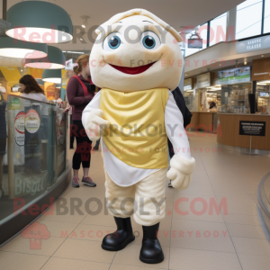 Cream Fish And Chips mascot costume character dressed with a Jeggings and Watches