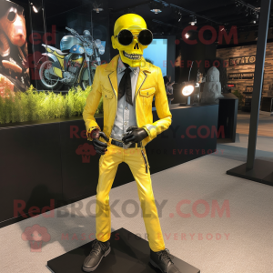 Lemon Yellow Undead mascot costume character dressed with a Leather Jacket and Suspenders