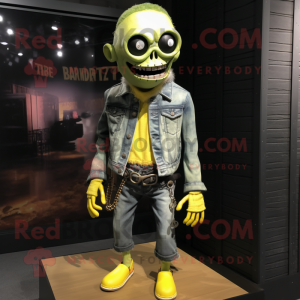 Lemon Yellow Undead mascot costume character dressed with a Leather Jacket and Suspenders