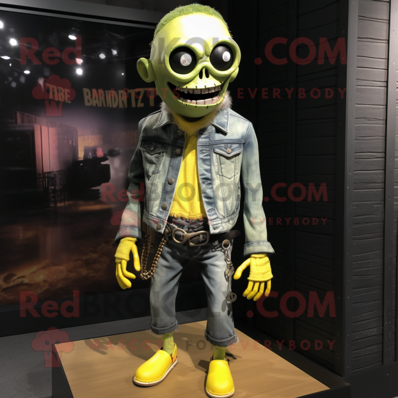 Lemon Yellow Undead mascot costume character dressed with a Leather Jacket and Suspenders Lemon Yellow Undead mascot costume character dressed with a Leather Jacket and Suspenders