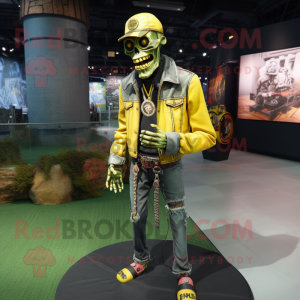 Lemon Yellow Undead mascot costume character dressed with a Leather Jacket and Suspenders