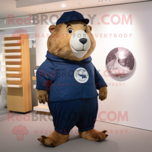 Navy Capybara mascot costume character dressed with a Jumpsuit and Shawl pins