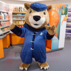 Navy Capybara mascot costume character dressed with a Jumpsuit and Shawl pins