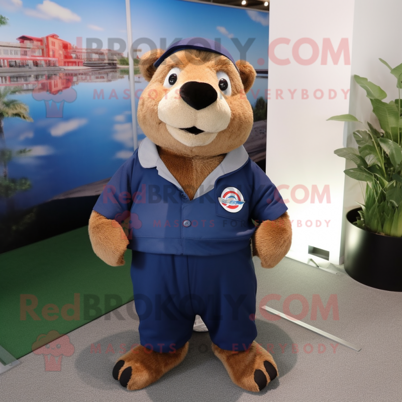 Navy Capybara mascot costume character dressed with a Jumpsuit and Shawl pins Navy Capybara mascot costume character dressed with a Jumpsuit and Shawl pins