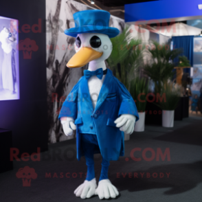 Blue Swan mascot costume character dressed with a Suit and Caps