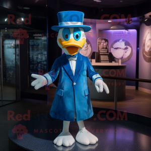 Blue Swan mascot costume character dressed with a Suit and Caps