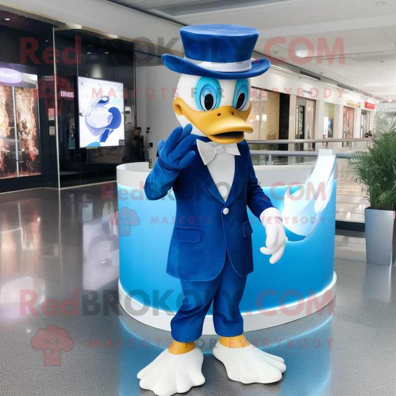 Blue Swan mascot costume character dressed with a Suit and Caps