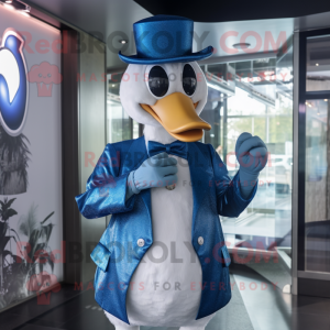 Blue Swan mascot costume character dressed with a Suit and Caps