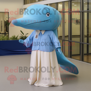 Tan Blue Whale mascot costume character dressed with a Empire Waist Dress and Caps