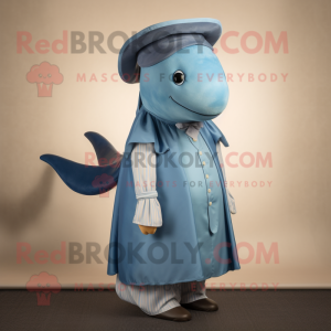 Tan Blue Whale mascot costume character dressed with a Empire Waist Dress and Caps