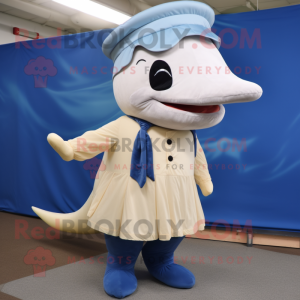 Tan Blue Whale mascot costume character dressed with a Empire Waist Dress and Caps