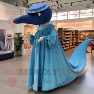 Tan Blue Whale mascot costume character dressed with a Empire Waist Dress and Caps